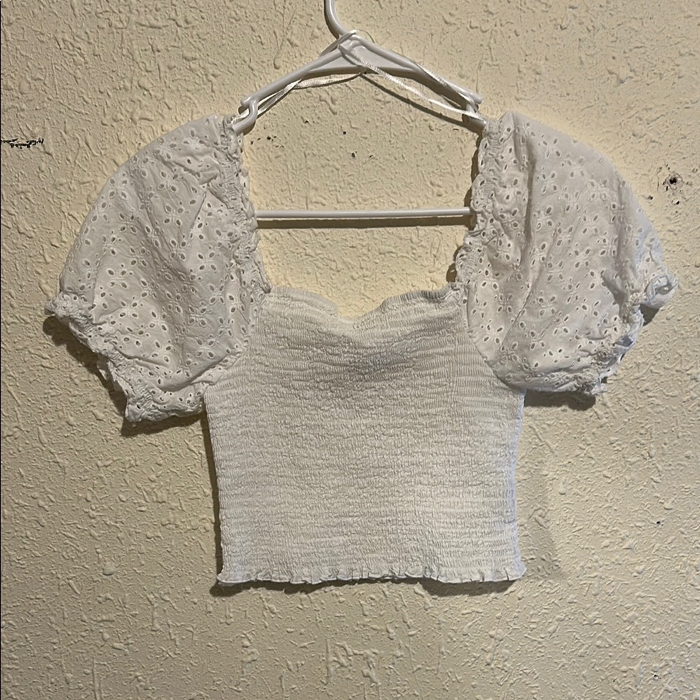 Love Tree Cropped White Smocked Puff Sleeve  Blouse